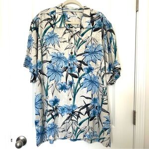 Tommy Bahama Mens XL Silk Tropical Leaf Print Original Fit Camp Shirt Blue